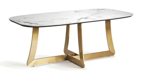 Obdélníkové jídelní stoly Estila Luxusní obdélníkový stůl Tulipa v art deco stylu s vrchní deskou z bílého mramoru a zlatými nožičkami 200 cm