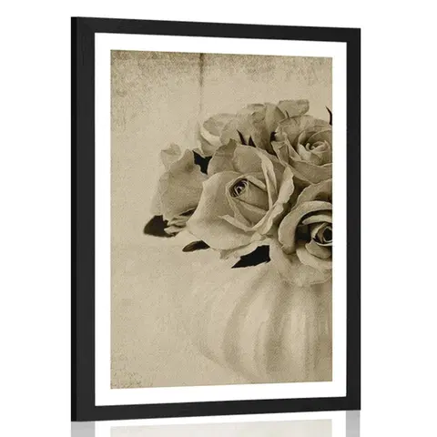 Černobílé Plakát s paspartou růže ve váze v sépiovém provedení