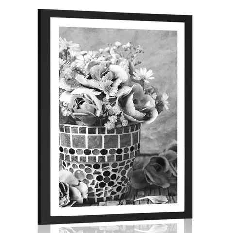 Černobílé Plakát s paspartou květiny karafiátu v mozaikovém květináči v černobílém provedení