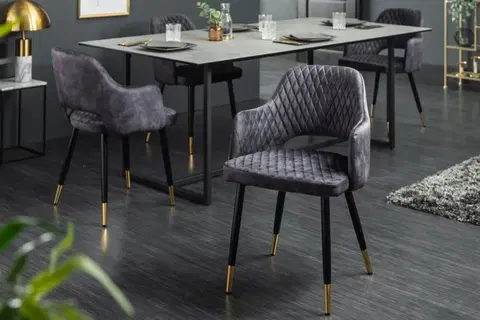 Luxusní jídelní židle Estila Art-deco židle Fribourg se sametovým potahem šedé barvy a černo-zlatými nohama