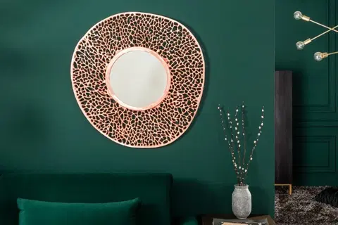 Luxusní a designová zrcadla Estila Designové kulaté nástěnné zrcadlo Hoja s kovovým rámem měděné barvy 112cm