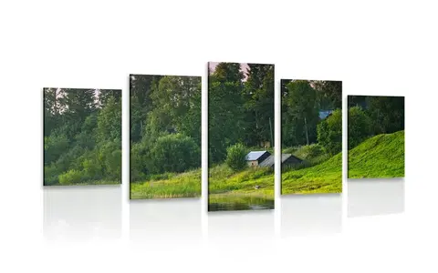 Obrazy přírody a krajiny 5-dílný obraz pohádkové domky u řeky