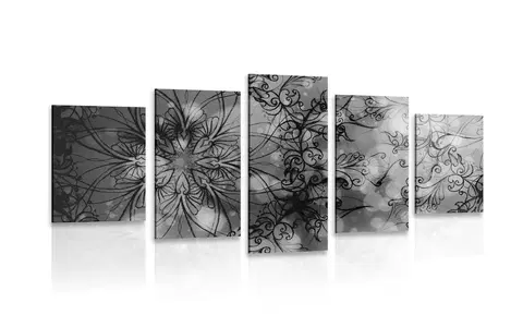 Černobílé obrazy 5-dílný obraz květinová Mandala v černobílém provedení