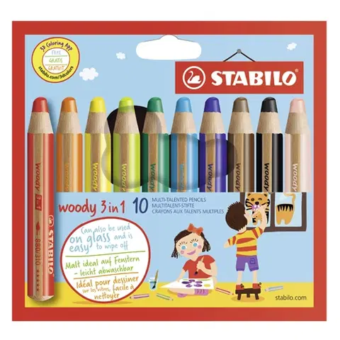 Hračky STABILO - Pastelky woody 3 v 1 - barvička, vdodovka, voskovka - 10 ks různých barev