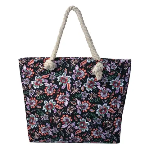 Nákupní tašky a košíky Černá plážová taška s květy Florali - 43*3*33 cm Clayre & Eef JZBG0264Z
