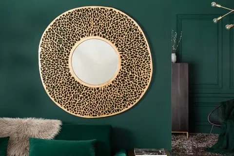 Luxusní a designová zrcadla Estila Designové závěsné art-deco zrcadlo Hoja kulatého tvaru z kovové slitiny ve zlaté barvě 112cm