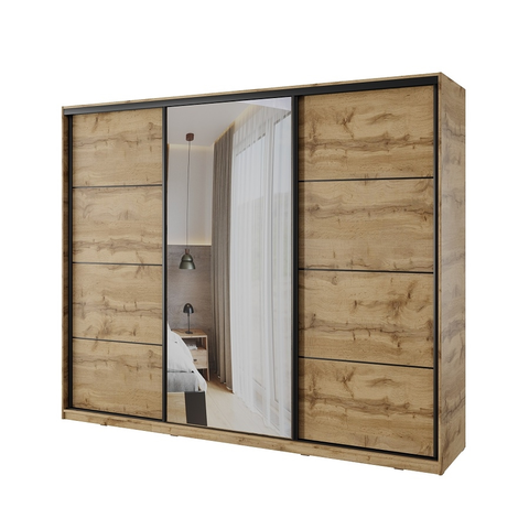 Šatní skříně Šatní skříň NEJBY BARNABA 250 cm s posuvnými dveřmi, zrcadlem,4 šuplíky a 2 šatními tyčemi,dub wotan