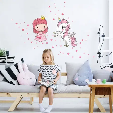 Samolepky na zeď Samolepky na zeď pro holčičky - Princezna a jednorožec