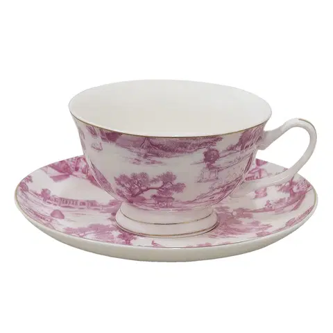Hrnky a šálky Bílo-růžový porcelánový šálek s podšálkem Chateau - Ø 10*6 / Ø 15*2 cm / 250 ml Clayre & Eef 6CEKS0001P