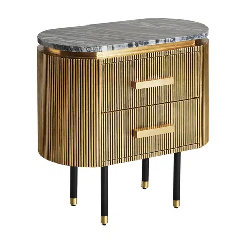 Designové a luxusní noční stolky Estila Luxusní art deco oválný noční stolek Chamoix s kovovou zlatou konstrukcí a černou mramorovou deskou 68cm