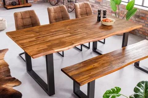 Designové a luxusní jídelní stoly Estila Industriální obdélníkový jídelní stůl Marron Miel z masivního dřeva s černými kovovými nožičkami hnědý 180cm