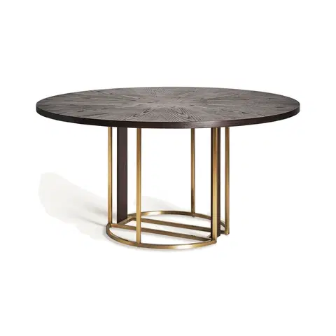 Designové a luxusní jídelní stoly Estila Luxusní kulatý jídelní stůl Midas s nohou ve zlaté barvě s vertikálním zdobením a hnědou dřevěnou vrchní deskou 150 cm