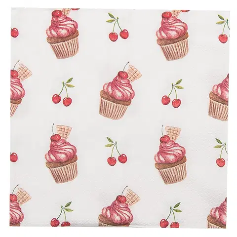 Ubrousky Bílé papírové ubrousky s dortíčky Cherry Cupcake - 33*33 cm (20ks) Clayre & Eef UP73-1