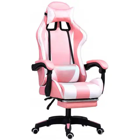 Kancelářské křesla Pohodlné herní křeslo s masážním polštářkem růžovo bílé barvy