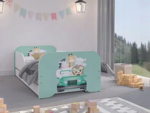 Dětské postele Nádherná dětská postel 160 x 80 cm s mentolovým čelem a safari zvířátky
