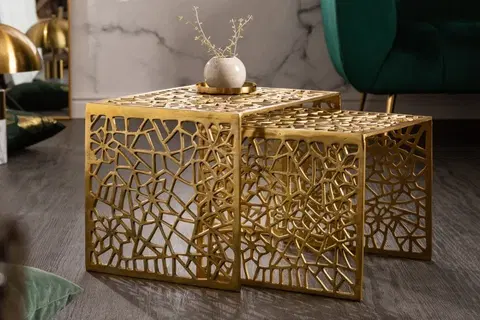 Designové a luxusní konferenční stolky Estila Art-deco set čtverečních konferenčních stolků Hoja zlaté barvy