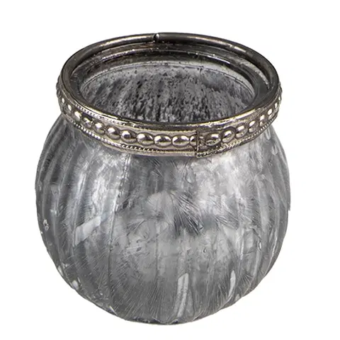 Svícny Šedý skleněný svícen na čajovou svíčku se zdobným lemem - Ø6*6 cm Clayre & Eef 6GL3974