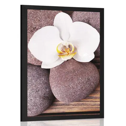 Feng Shui Plakát wellness kameny a orchidej na dřevěném pozadí
