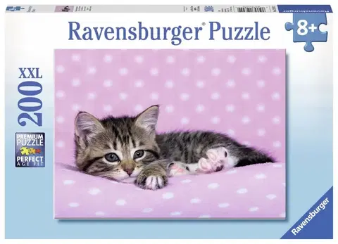 Hračky puzzle RAVENSBURGER - Roztomilé koťátko na růžové dece 200 dílků