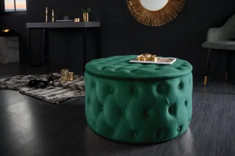 Stylové a luxusní taburety Estila Designová kruhová taburetka do obývacího pokoje Modern Barock v zelené barvě se sametovým čalouněním 75cm