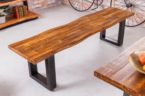 Stylové a luxusní lavice Estila Industriální jídelní lavice Marron Miel z masivního akáciového dřeva hnědé barvy a černýma nohama z kovu 180cm