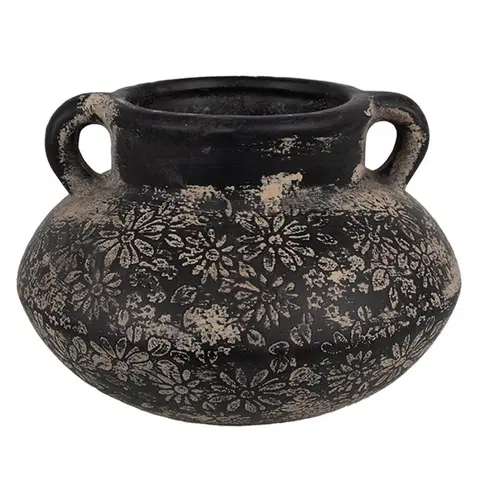 Dekorativní vázy Černo-šedý keramický obal na květináč/ váza s uchy a květy - Ø 21*13 cm  Clayre & Eef 6CE1710
