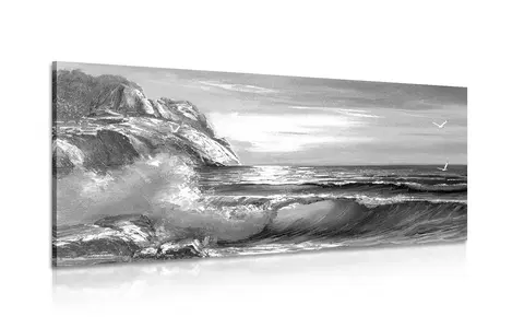 Černobílé obrazy Obraz mořské vlny na pobřeží v černobílém provedení