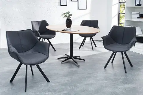 Luxusní jídelní židle Estila Industriální otočná čalouněná židle Dutch Retro s grafitovým černým potahem a zahnutými opěrkami na ruce 67 cm