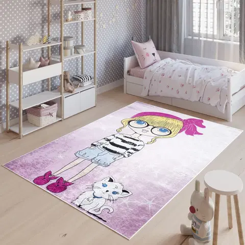 Dětské koberce Dětský koberec do dívčího pokoje se slečnou a kočičkou