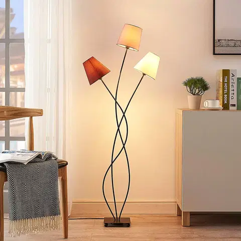 Stojací lampy Lindby 3zdrojová stojací lampa Melis, textilní stínidla