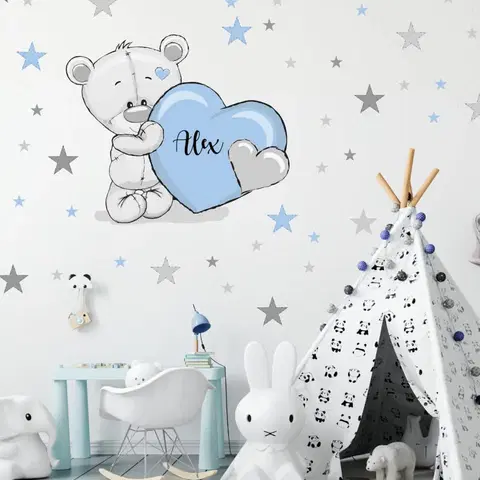 Samolepky na zeď Samolepky do dětského pokoje - Medvídek s hvězdami v modré barvě