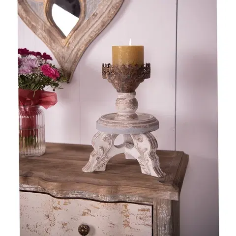 Svícny Béžový antik dřevěný svícen s kovovou ozdobou - Ø 25*34 cm Clayre & Eef 6H2180
