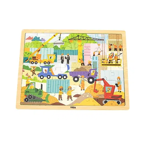 Hračky puzzle VIGA - Dřevěné puzzle 48 dílků Stavební stroje