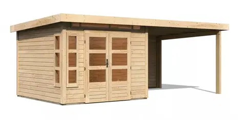 Dřevěné plastové domky Dřevěný zahradní domek KASTORF 6 s přístavkem 320 Lanitplast Přírodní dřevo