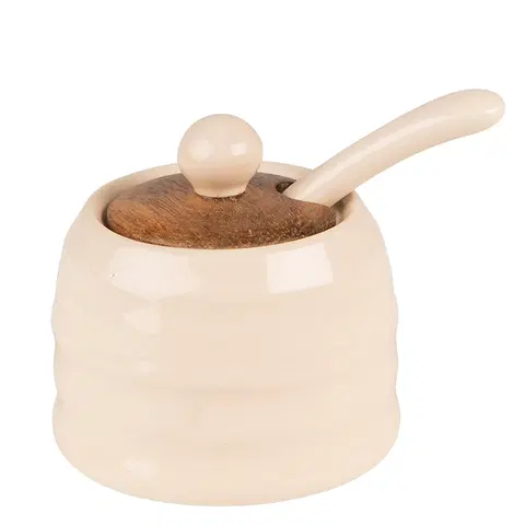 Cukřenky Béžová keramická cukřenka se lžičkou a dřevěným víčkem Chick Bei - Ø 8*6 cm Clayre & Eef 6CE1488