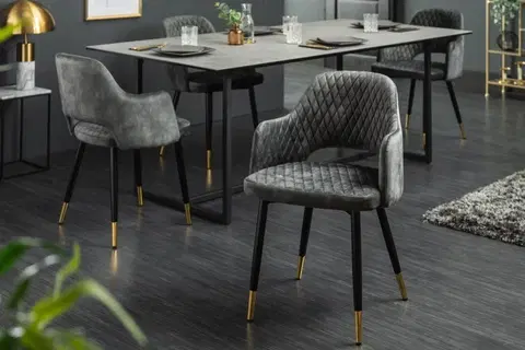 Luxusní jídelní židle Estila Art-deco židle Fribourg se šedozelený sametovým potahem a černo-zlatými nohama