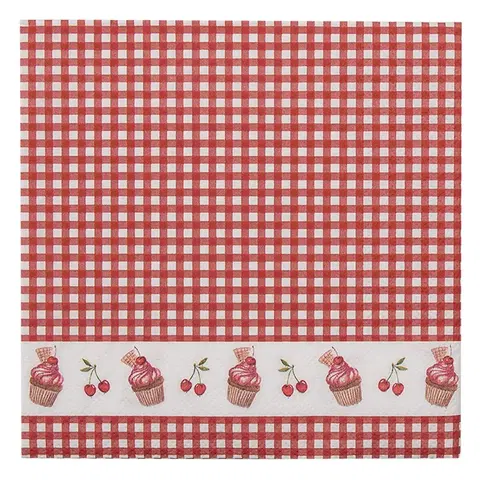 Ubrousky Červené kárované papírové ubrousky s dortíčky Cherry Cupcake - 33*33 cm (20ks) Clayre & Eef UP73-2