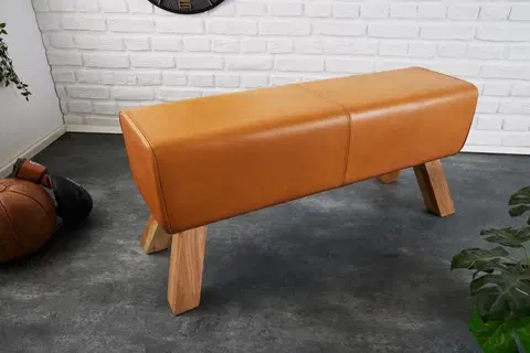 Stylové a luxusní lavice Estila Designová lavice Sodor z pravé kůže v koňakové hnědé barvě s dřevěnýma nohama 100cm