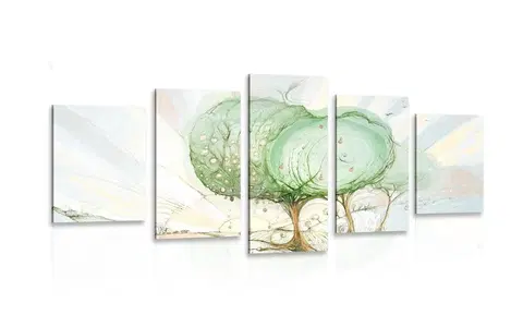 Obrazy stromy a listy 5-dílný obraz stromy na pastelovém poli
