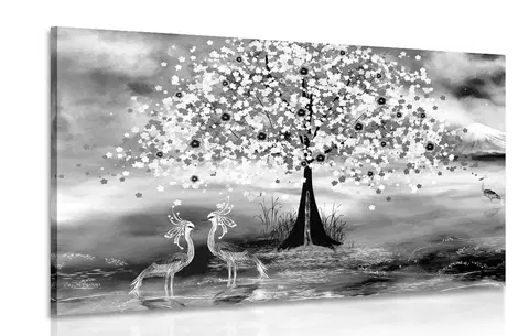 Černobílé obrazy Obraz volavky pod magickým stromem v černobílém provedení
