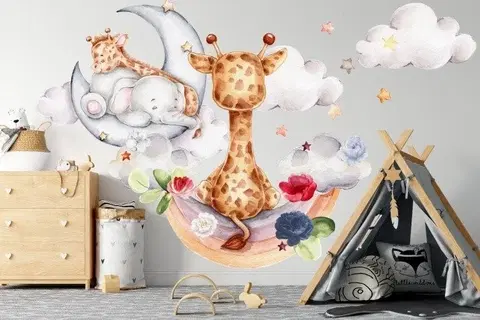 Zvířátka Nálepka na zeď se slůníkem a žirafou v oblacích