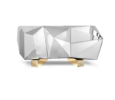 Designové komody Estila Luxusní stříbrný příborník s lesklým povrchem as pozlacenýma mosaznýma nohama s odlévaným detailem Diamond Pyrite 185 cm