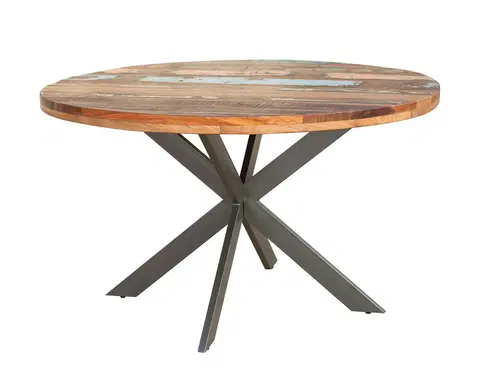 Designové a luxusní jídelní stoly Estila Industriální kulatý jídelní stůl Delia z akátového masivu hnědé barvy s černýma kovovými nohami 130cm