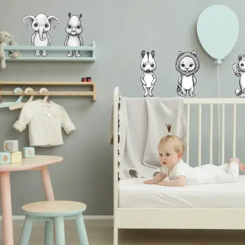 Samolepky na zeď Dětské samolepky na zeď - INSPIO zvířátka v šedých odstínech a skandinávském stylu