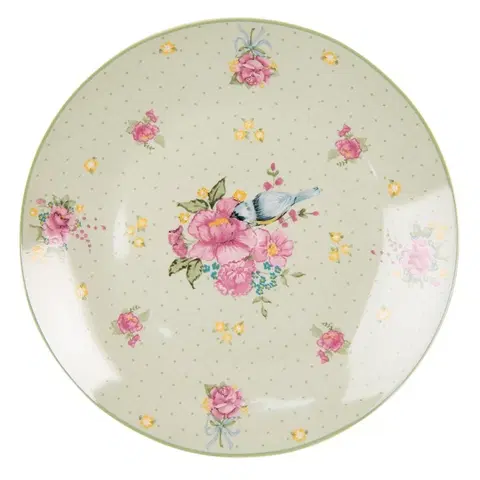 Talíře Zelený porcelánový dezetní talíř s květy a ptáčkem Cheerful Birdie - Ø 20 cm Clayre & Eef HBDP
