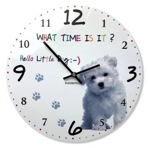 Dětské nástěnné hodiny Kvalitní dětské nástěnné hodiny 30 cm s bílým štěňátkem