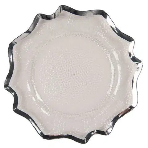 Talíře Transparentní servírovací talíř s vlnitým stříbrným okrajem - Ø 33*1 cm Clayre & Eef 65238ZI