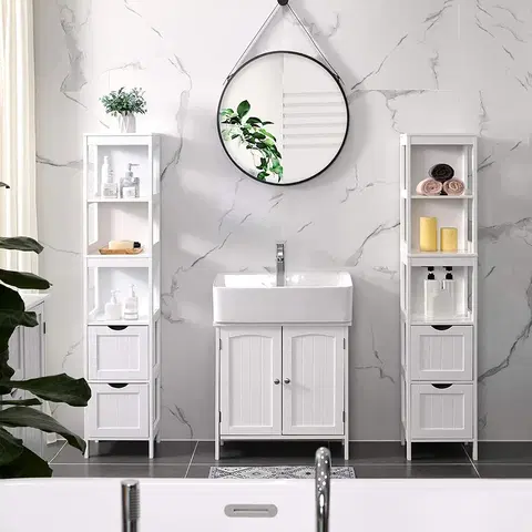 Koupelnové regály Vysoká koupelnová skříňka police zásuvky bílá
