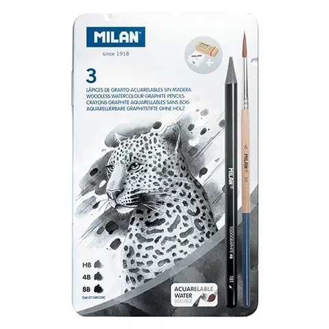 Hračky MILAN - Akvarelové tužky - sada 3 ks(HB/4B/8B) + 1 štětec a 2 gumy v kovovém boxu