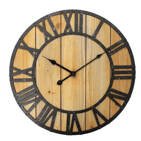 Hodiny Černohnědé antik nástěnné hodiny s dřevěnými prkny - Ø 46*5 cm / 1*AA Clayre & Eef 6KL0812